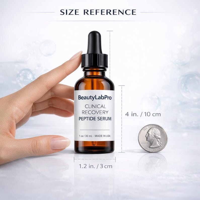 May include: A brown glass bottle of BeautyLabPro Clinical Recovery Peptide Serum with a black dropper. The bottle is 4 inches (10 cm) tall and 1.2 inches (3 cm) wide. The label reads "CLINICAL RECOVERY PEPTIDE SERUM".