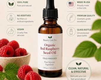 Olej z pestek malin organicznych • Olejek do twarzy tłoczony na zimno • Antyoksydacyjny olejek rozświetlający • Lekkie nawilżenie • 1 uncja • BeautyLabPro