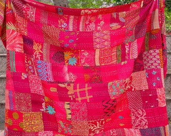 vintage Silk patchwork kantha Quilt handmade bohemian bedding Throw blanket bedspread decor Sofa Cover King Size 108X90 Inches