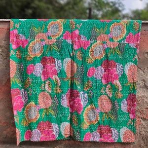 Handmade Cotton Kantha Quilt Indian Green Floral Print Reversible Coverlets Boho Decorative Quilt Large Kantha Coverlets King Size Gudri