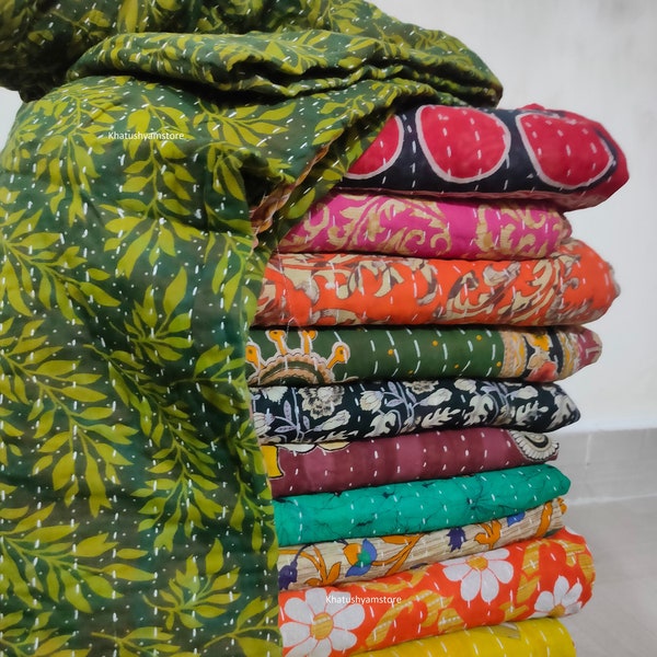 Indian vintage Cotton Handmade Kantha Quilts Bedding Bedspread Vintage Kantha Quilt, Old Sari Coverlet, Sundance Kantha Throw Recycle Fabric