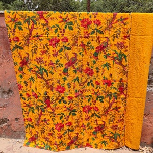 Bohemian Decor Bedding Indian Quilt Cotton Throw Coverlets Hippie Stitched Bedspread Boho Floral Paradise Bedcover Reversible Queen Quilt