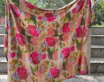 Fruit Print Indian Kantha Quilt Bohemian Kantha Quilts Handmade Vintage Quilts Indian Kantha Throw Blanket Bedspread Quilting Bed Cover,