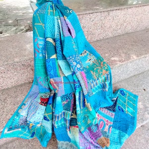 Silk Patch Work Kantha Quilt Blanket Bedspread Patch Kantha Throw Kantha Rallies Sari Quilt Turquoise