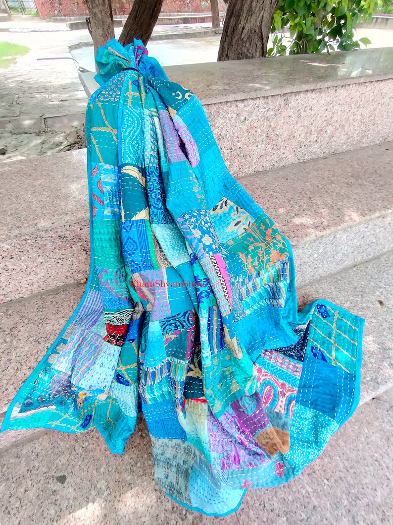 Silk Patch Work Kantha Quilt Blanket Bedspread Patch Kantha Throw Kantha Rallies Sari Quilt Turquoise
