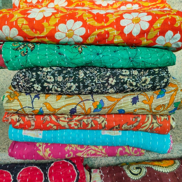 Recycled Indian Sari Cotton Kantha Indian Quilts Throw Bedspread Handmade Bedding Twin size 85 X 55"