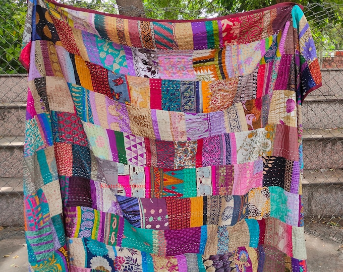 Indian handmade patchwork kantha quilt hippie bedding bedspread boho bohemian vintage kantha blanket gudari king/twin size bed cover