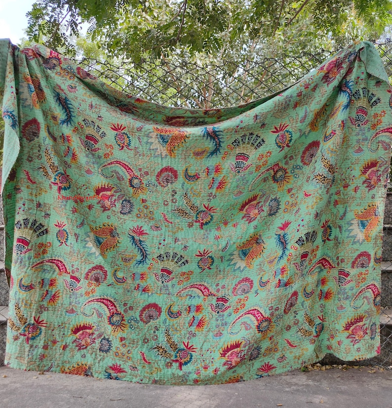 Indian Kantha quilt Mukut Printed Hand stitched kantha throw blanket gifted quilt for bedding coverlets Cotton Bedspread Bohemian quilts English