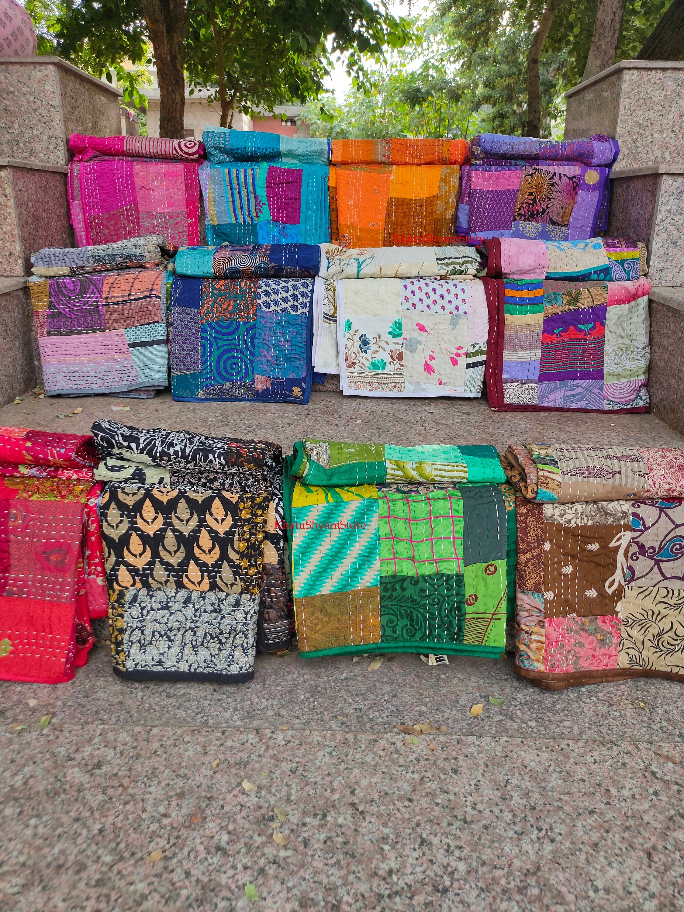 Multi Recycled Indian Sari Patchwork Blanket,Handmade Kantha Quilt