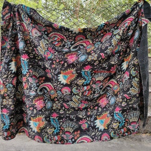 Indian Kantha quilt Mukut Printed Hand stitched kantha throw blanket gifted quilt for bedding coverlets Cotton Bedspread Bohemian quilts Black
