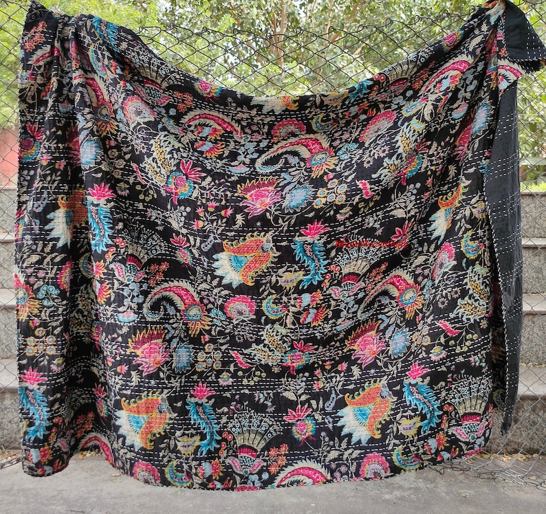 Indian Kantha quilt Mukut Printed Hand stitched kantha throw blanket gifted quilt for bedding coverlets Cotton Bedspread Bohemian quilts Black