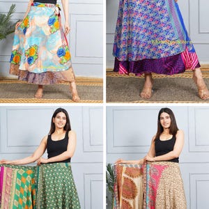 May include: A collection of wrap skirts in various colors and patterns. The skirts feature floral, geometric, and paisley designs. Each skirt has a unique color palette, including blue, green, pink, and beige. The skirts are made of a lightweight fabric.