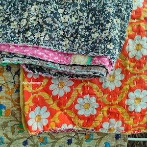 Recycled Indian Sari Cotton Kantha Indian Quilts Throw Bedspread Handmade Bedding Small size 52 X 42&quot;