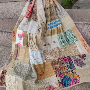 Silk Patch Work Kantha Quilt Blanket Bedspread Patch Kantha Throw Kantha Rallies Sari Quilt Beige