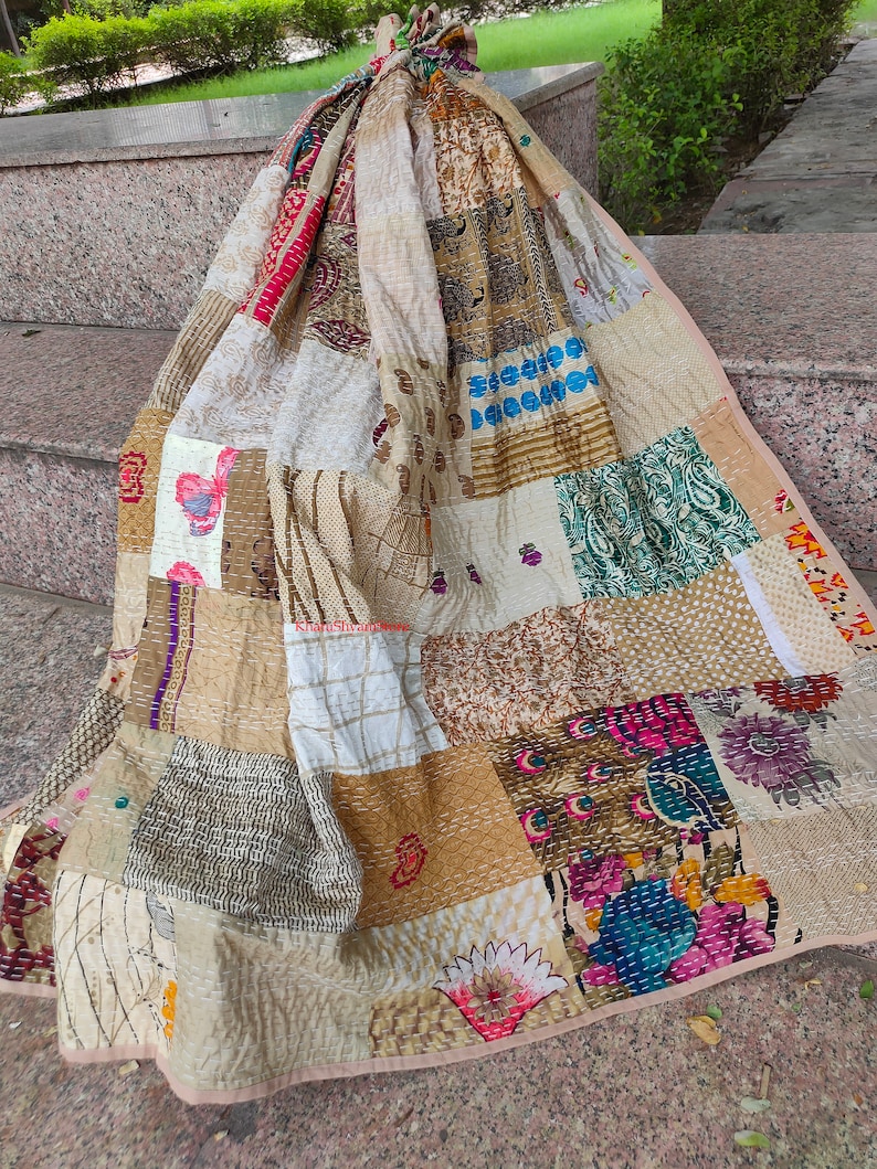 Silk Patch Work Kantha Quilt Blanket Bedspread Patch Kantha Throw Kantha Rallies Sari Quilt Beige