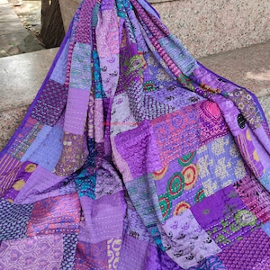 Silk Patch Work Kantha Quilt Blanket Bedspread Patch Kantha Throw Kantha Rallies Sari Quilt