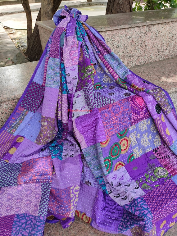 Silk Patch Work Kantha Quilt Blanket Bedspread Patch Kantha Throw Kantha Rallies Sari Quilt