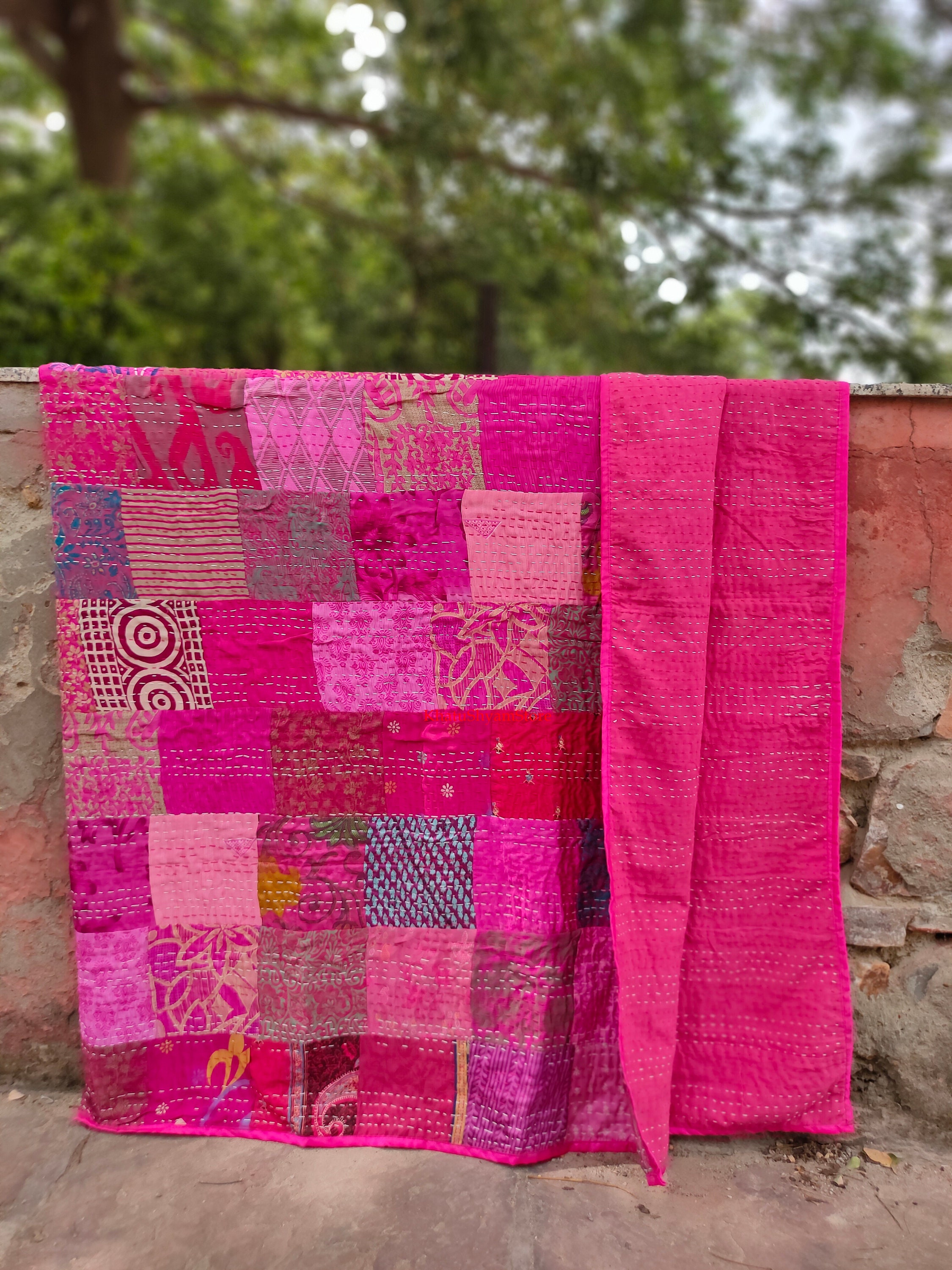 Colcha Kantha Vintage Hecha A Mano – Tamaño Individual – Algodón 100% – Retazos Multicolor – India