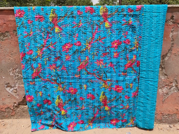 Handmade Kantha Quilt King Size Kantha Throw Indian Kantha Blanket Bohemian Cotton Kantha Bedspread Decorative Throw