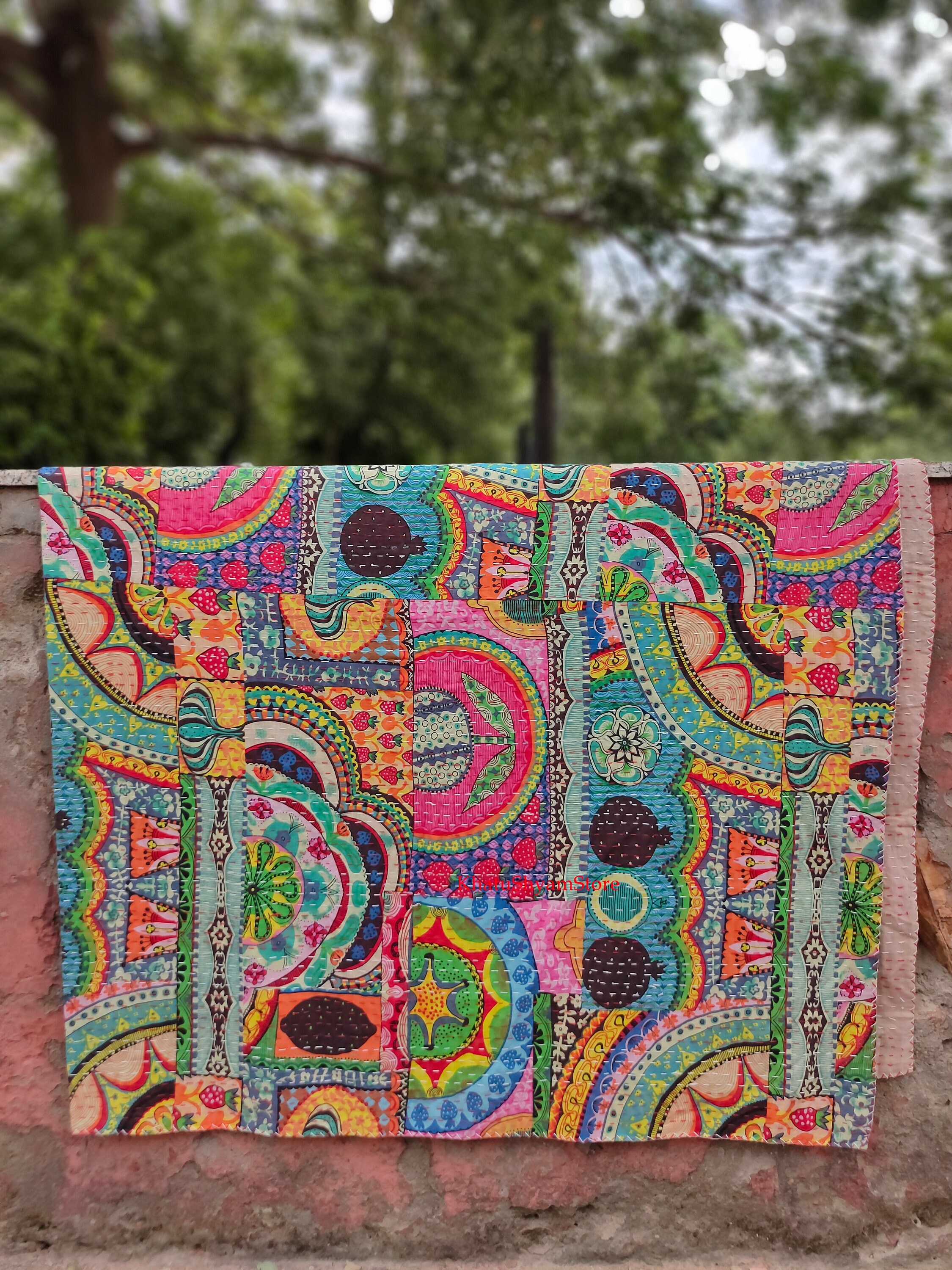 Frida Printed Cotton Yellow Quilted Blanket Handmade Kantha Work 90X108 In