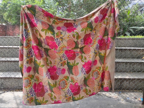 Indian Kantha Throw, Indian Cotton Kantha Quilts, Kantha Bedspread , 100% cotton, Handblock Kantha Quilt, Gudari Cotton