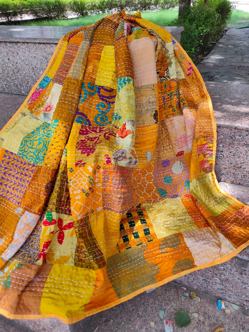 Silk Patch Work Kantha Quilt Blanket Bedspread Patch Kantha Throw Kantha Rallies Sari Quilt Yellow