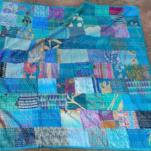 Vintage Silk Patchwork Kantha Throw Blankets & Quilts Decorative Bedding Bed Covers Quilted