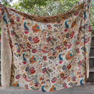 Indian Kantha quilt Mukut Printed Hand stitched kantha throw blanket gifted quilt for bedding coverlets Cotton Bedspread Bohemian quilts White