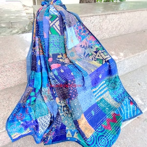 Silk Patch Work Kantha Quilt Blanket Bedspread Patch Kantha Throw Kantha Rallies Sari Quilt Blue