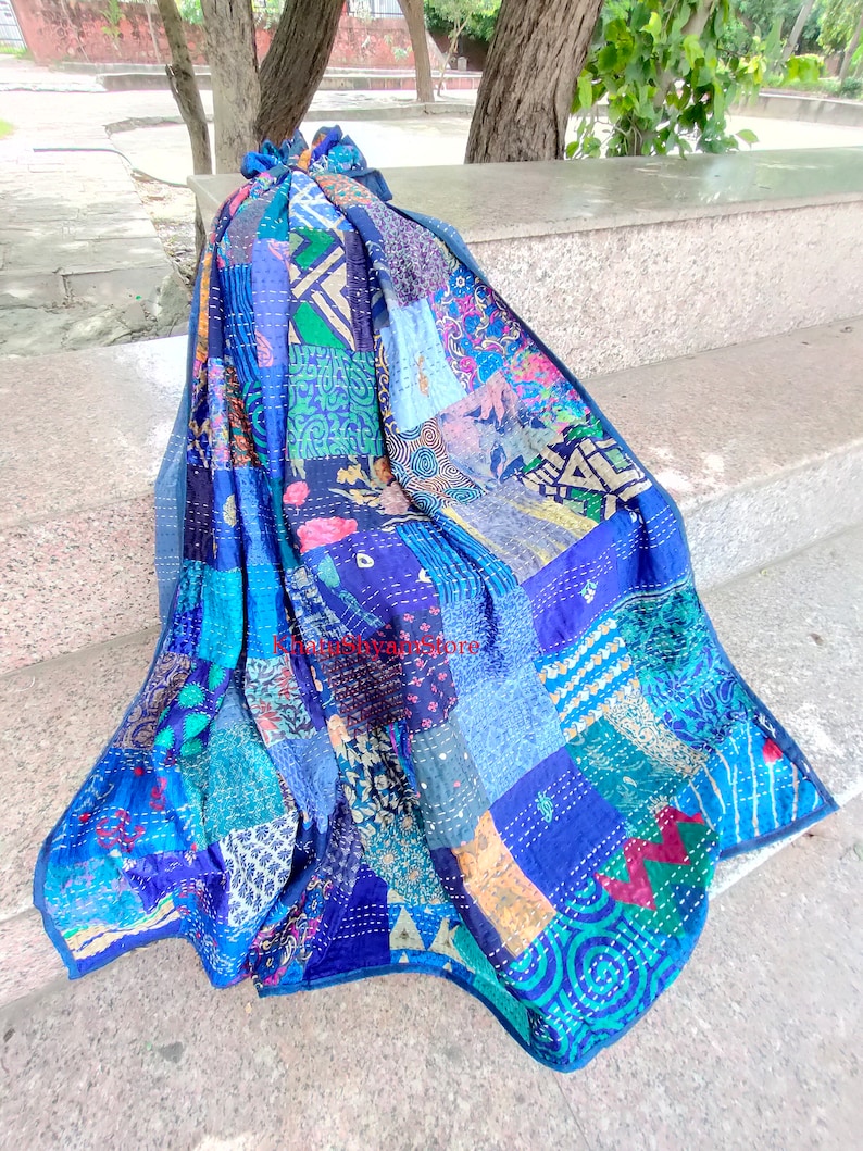 Silk Patch Work Kantha Quilt Blanket Bedspread Patch Kantha Throw Kantha Rallies Sari Quilt Blue