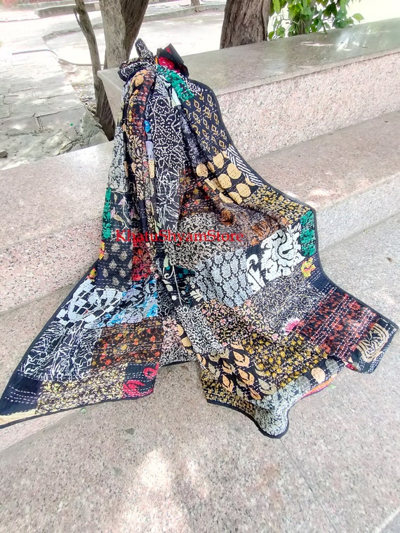 Indio Hecho A Mano Patchwork Seda/algodón Kantha Edredón Hippie