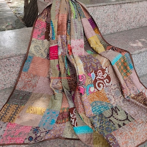 Silk Patch Work Kantha Quilt Blanket Bedspread Patch Kantha Throw Kantha Rallies Sari Quilt Coffee