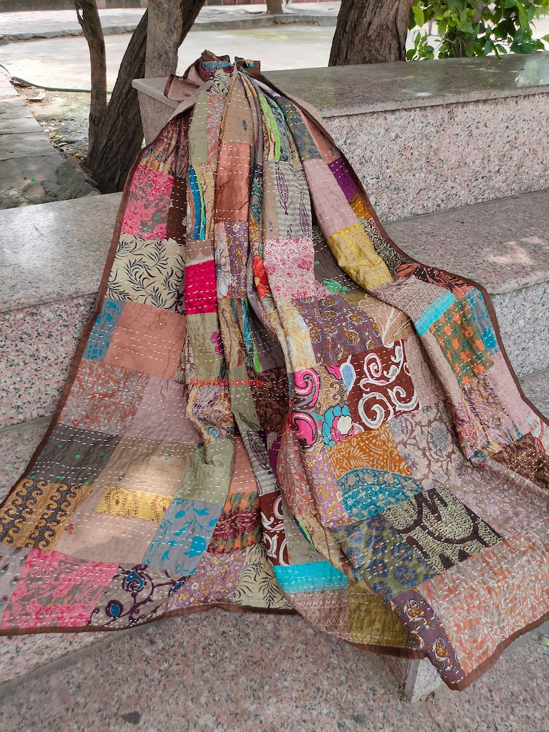 Silk Patch Work Kantha Quilt Blanket Bedspread Patch Kantha Throw Kantha Rallies Sari Quilt Coffee