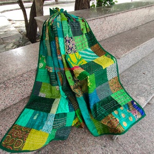 Silk Patch Work Kantha Quilt Blanket Bedspread Patch Kantha Throw Kantha Rallies Sari Quilt Green