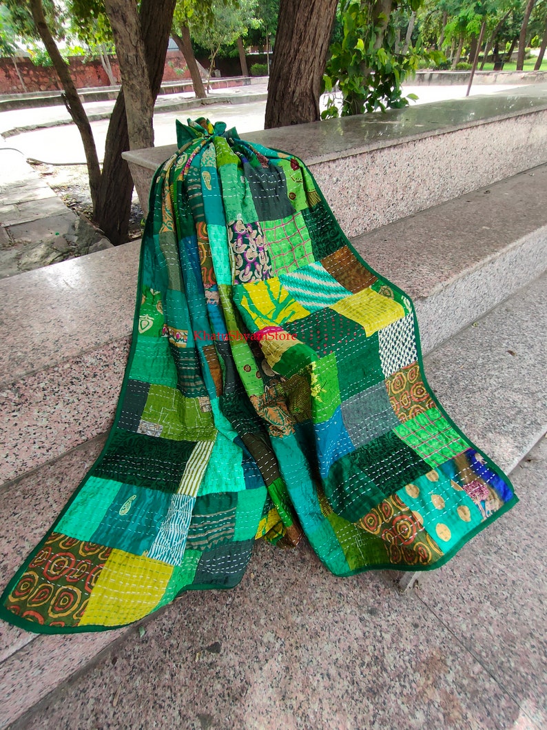 Silk Patch Work Kantha Quilt Blanket Bedspread Patch Kantha Throw Kantha Rallies Sari Quilt Green