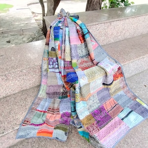 Silk Patch Work Kantha Quilt Blanket Bedspread Patch Kantha Throw Kantha Rallies Sari Quilt Grey