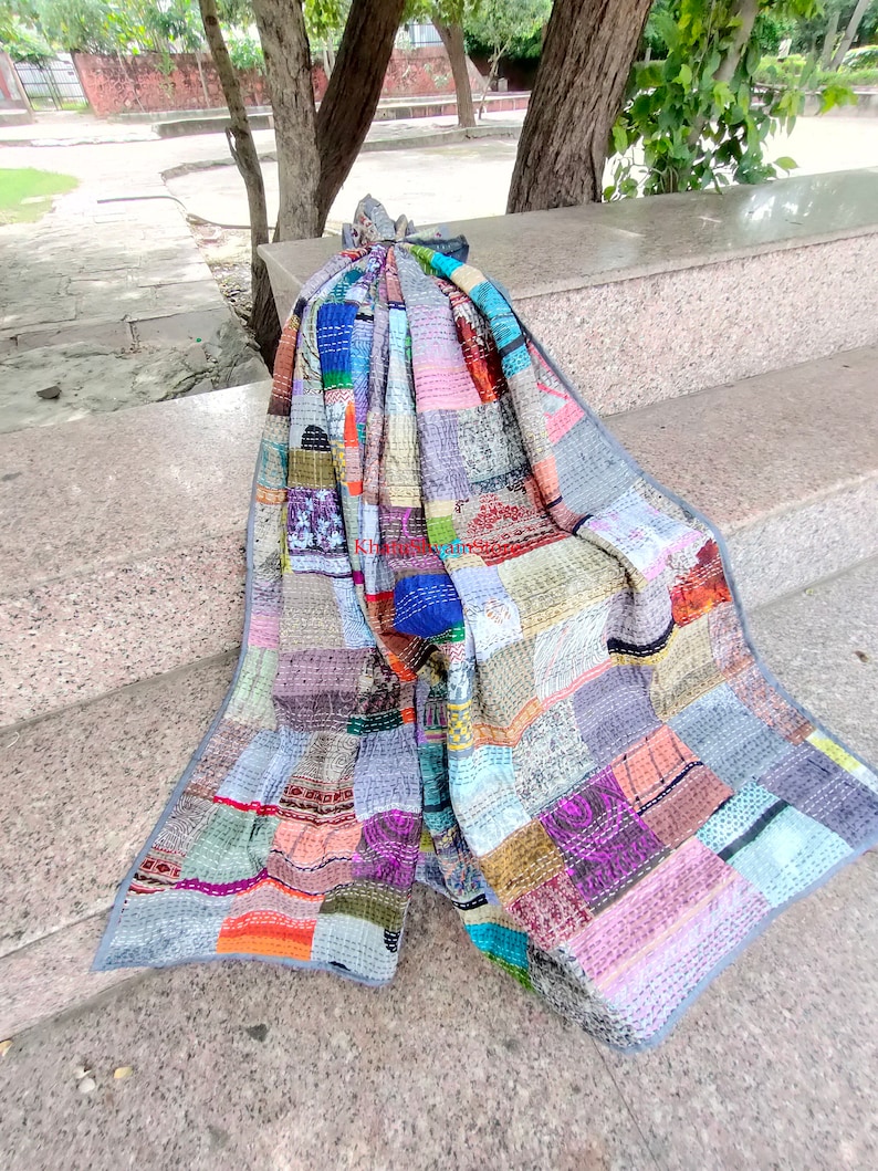 Silk Patch Work Kantha Quilt Blanket Bedspread Patch Kantha Throw Kantha Rallies Sari Quilt Grey