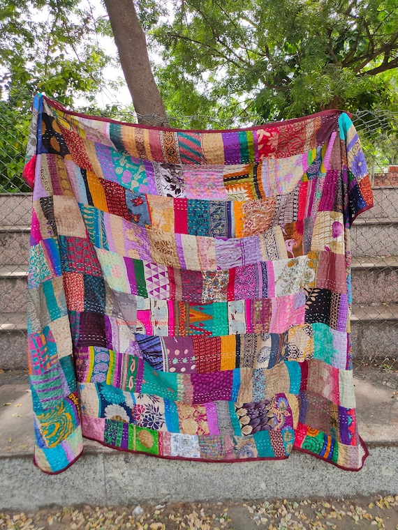 Handmade  Patchwork Patola silk Kantha Quilt, Bohemian Bed Decor Throw Blanket, Floral Print Reversible Bedspread