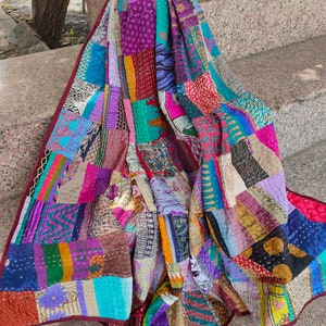 Silk Patch Work Kantha Quilt Blanket Bedspread Patch Kantha Throw Kantha Rallies Sari Quilt Multi Color