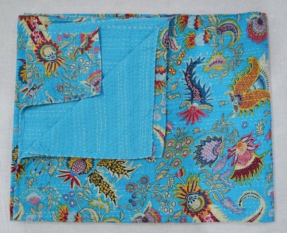 Indian cotton floral mukut kantha handmade quilt vintage bedspread king blanket 