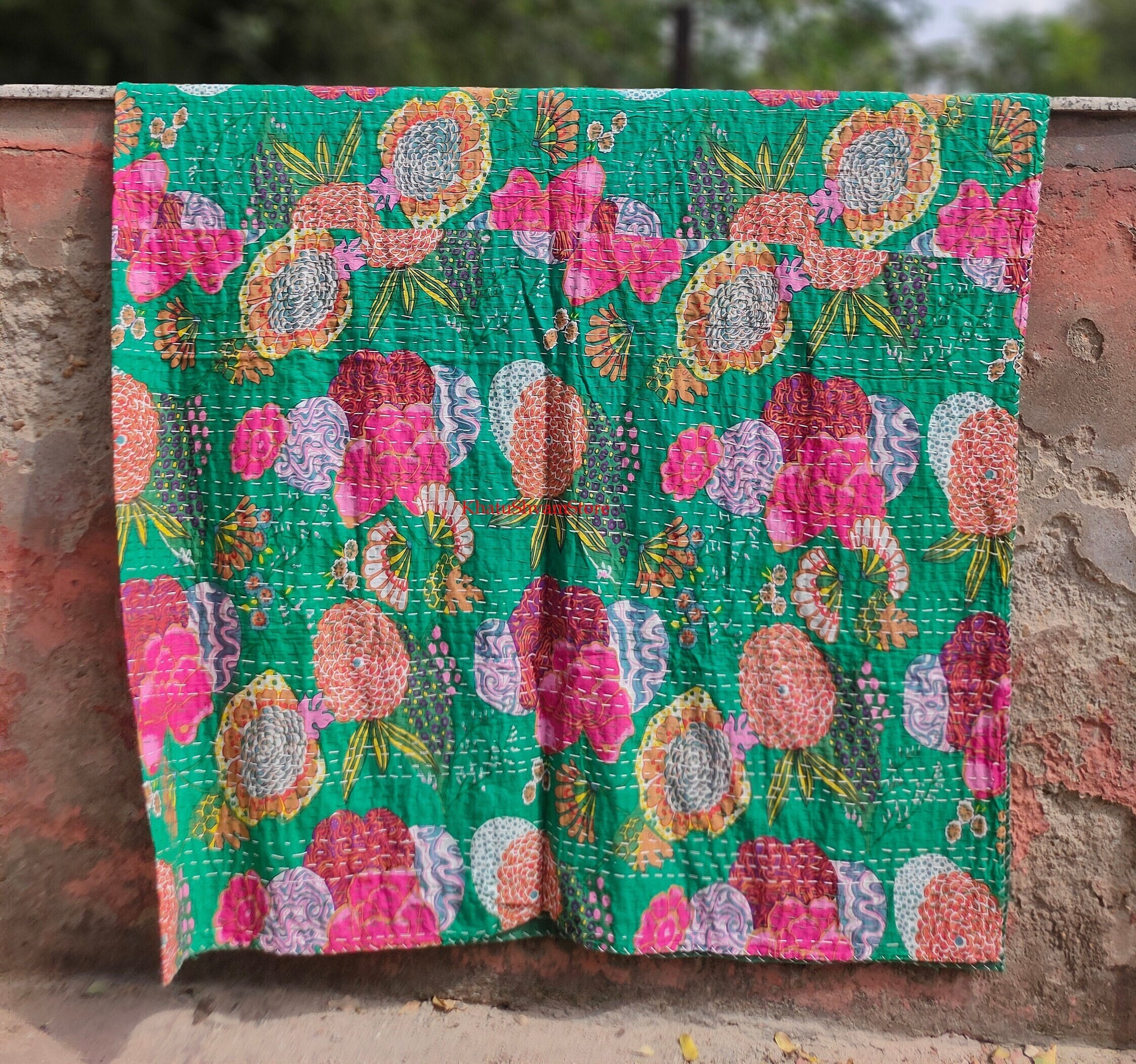 Handmade Stitched Hand Block Kantha Quilt Hippie Bohemian Blanket Throw Bedspread Decorative King Size Kantha Quilt