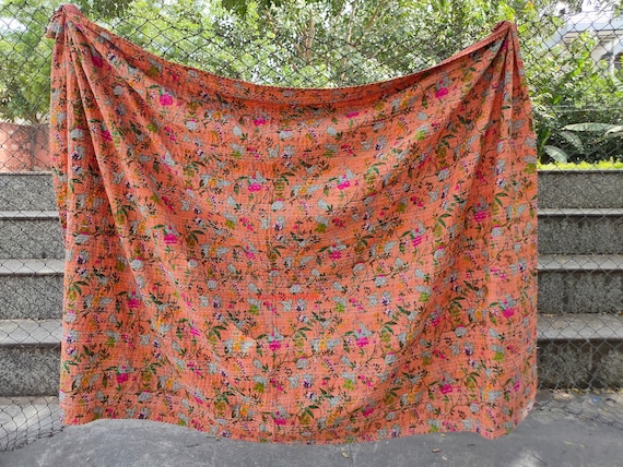Couverture Indienne Kantha King Size 228x274 Cm - Coton Pur Fait Main - Réversible Et Légère