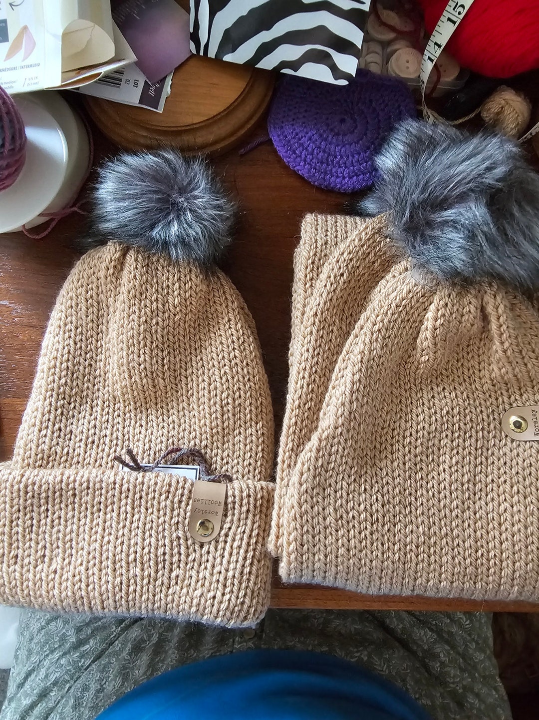 Caramel Hat and Scarf Set With Dark Pompoms. Double Layered - Etsy