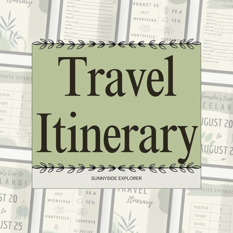 Green Beige Travel Itinerary Template Printable Editable Canva Planner ...