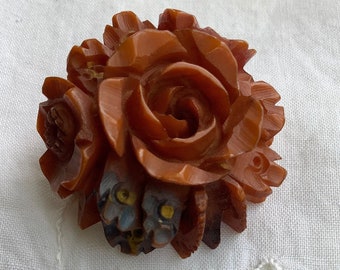 Superior 1930s Bakelite Brooch, Deeply Carved Flowers, Butterscotch Amber Colour, Roses and Forget Me Nots, Hand Painted Art Deco Era Pin