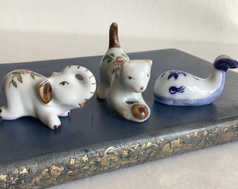 3 Miniature Handpainted Fine Porcelain Animals, Floral Cat with Ball and Elephant, Delft Style Whale, Lovely Vintage China Children’s Gift