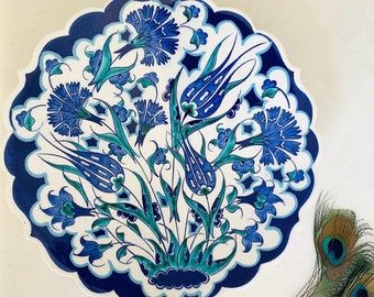 Beautiful Signed Iznik Vintage Turkish Plate, Traditional Tulip and Carnation Pattern, Scallop Edged Hand Painted Studio Pottery