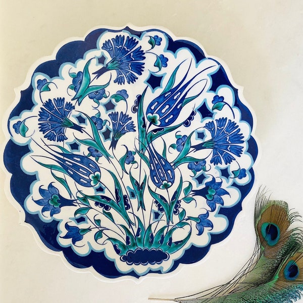 Beautiful Signed Iznik Vintage Turkish Plate, Traditional Tulip and Carnation Pattern, Scallop Edged Hand Painted Studio Pottery