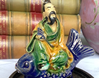 Rare Antique Chinese Mudman, Scholar Seated on Carp, c1890-1919, Symbol of Good Luck, Highly Collectable Mudman, Mudmen Collector Gift