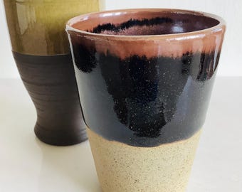 2 Vintage Studio Pottery Goblets or Beakers, Stylish Half Glazed Cups, Vibrant Olive Green and Rich Browns, Handmade Unique Gift